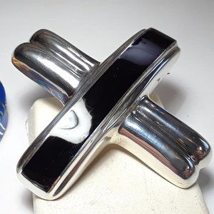 Estate Large in layed Onyx "X" Sterling Silver 33.1gram Pendant or Pin #16842